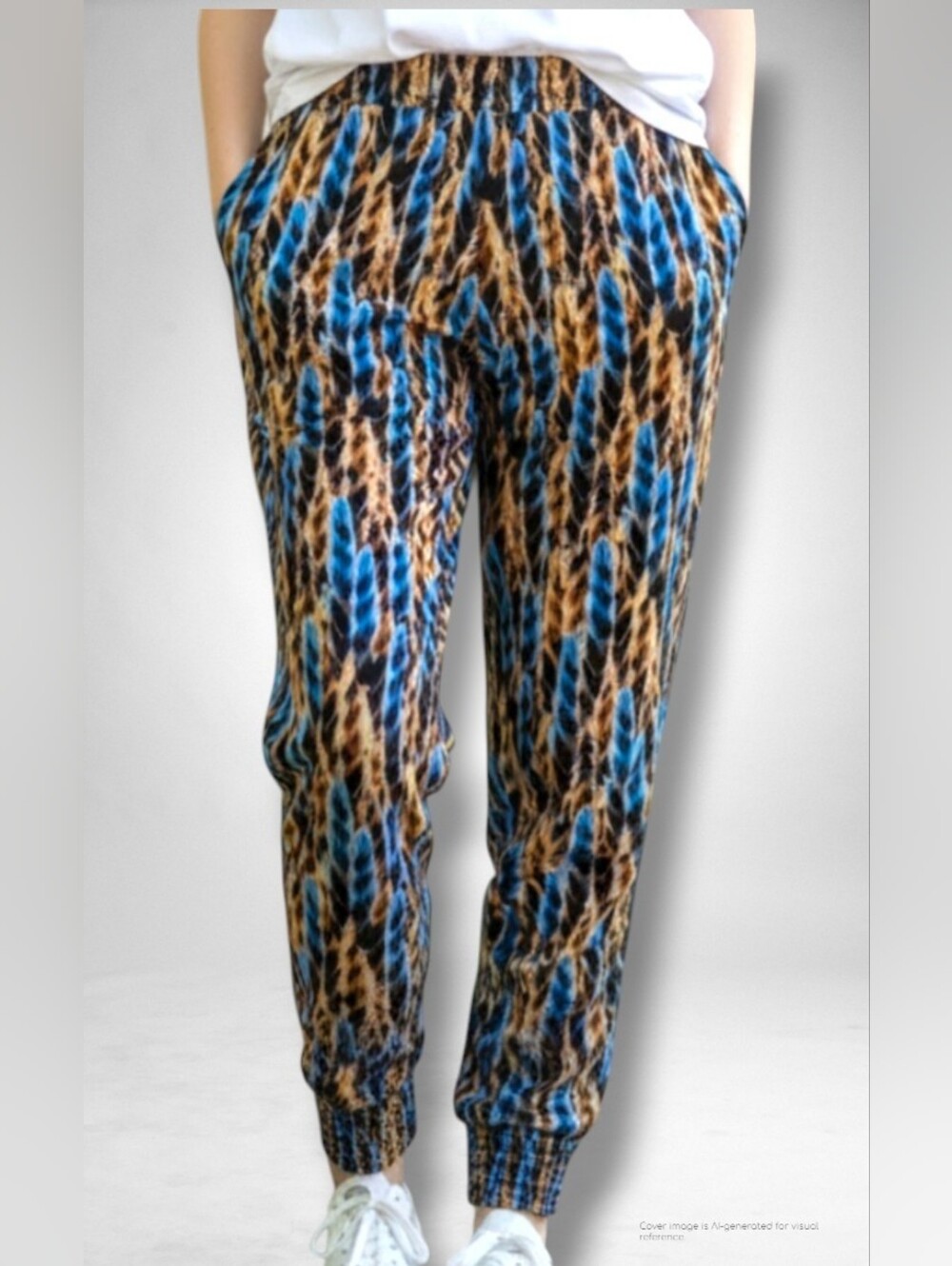 NWT Veronica M. Size XS Brown/Blue Draped Los Angeles Feather Print Jogger Pants - Picture 6 of 16